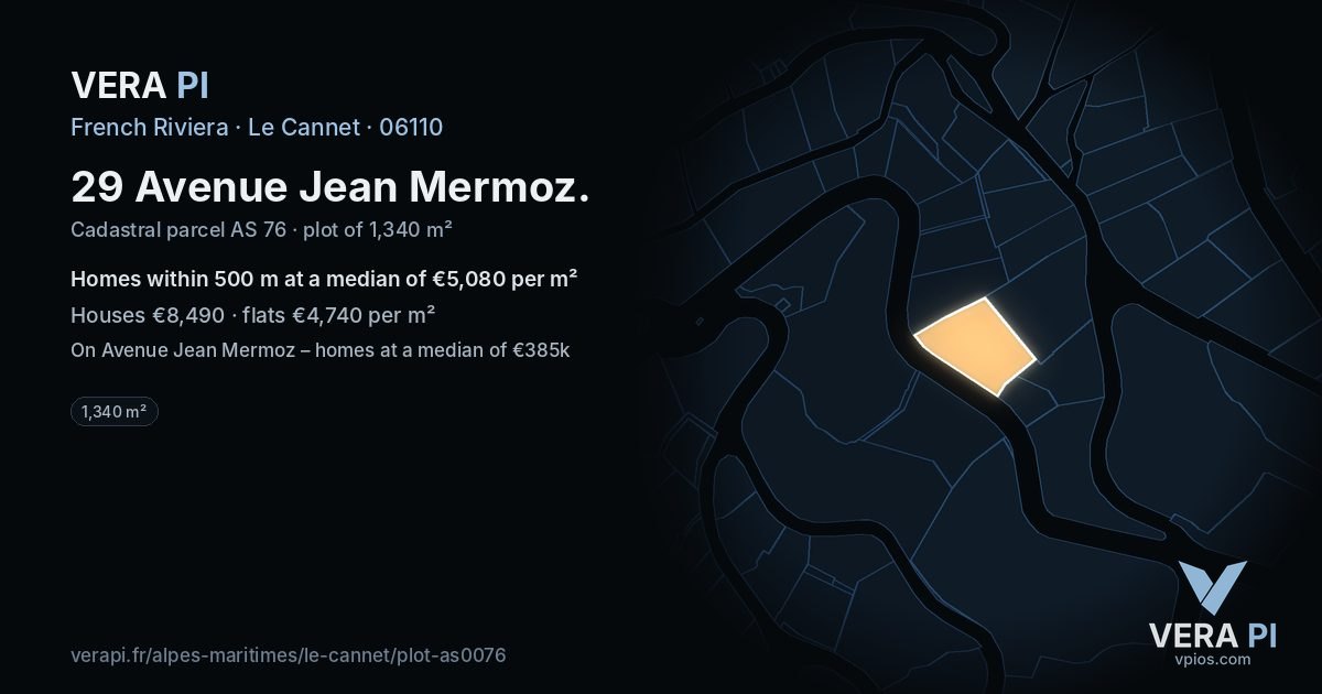 29 Avenue Jean Mermoz, Le Cannet at night – the plot lit, the parcels around coloured by the prices near them