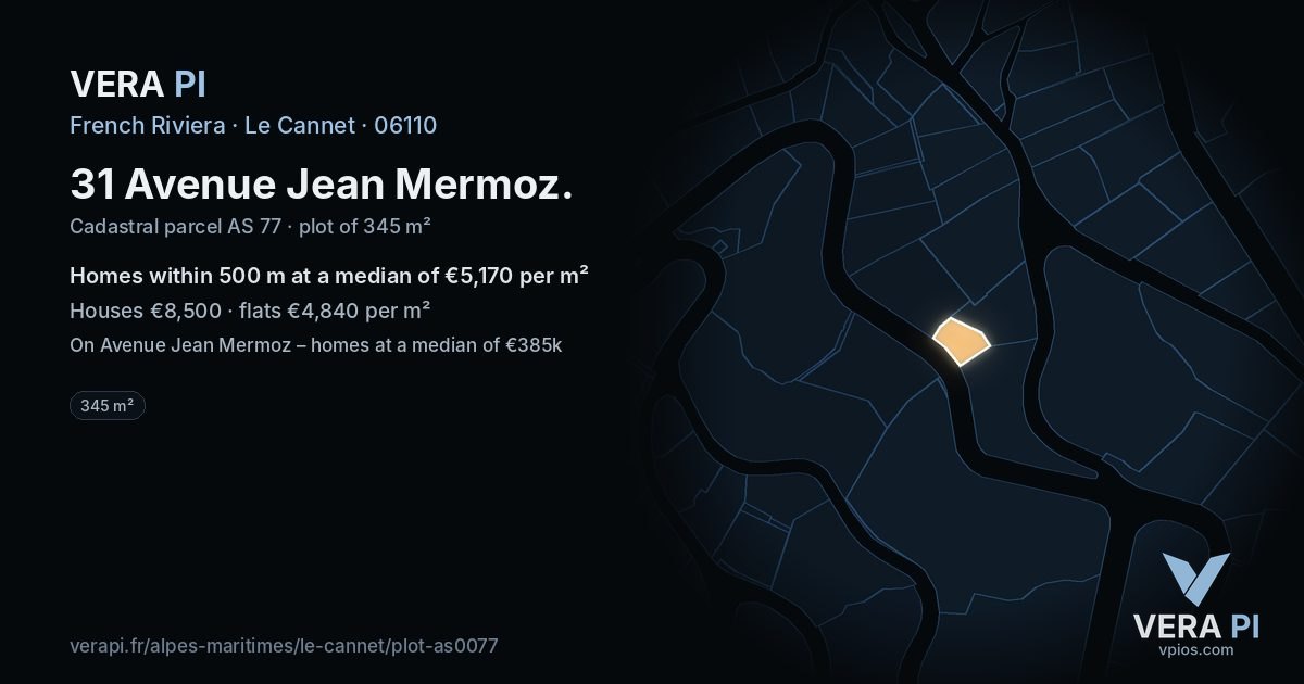 31 Avenue Jean Mermoz, Le Cannet at night – the plot lit, the parcels around coloured by the prices near them