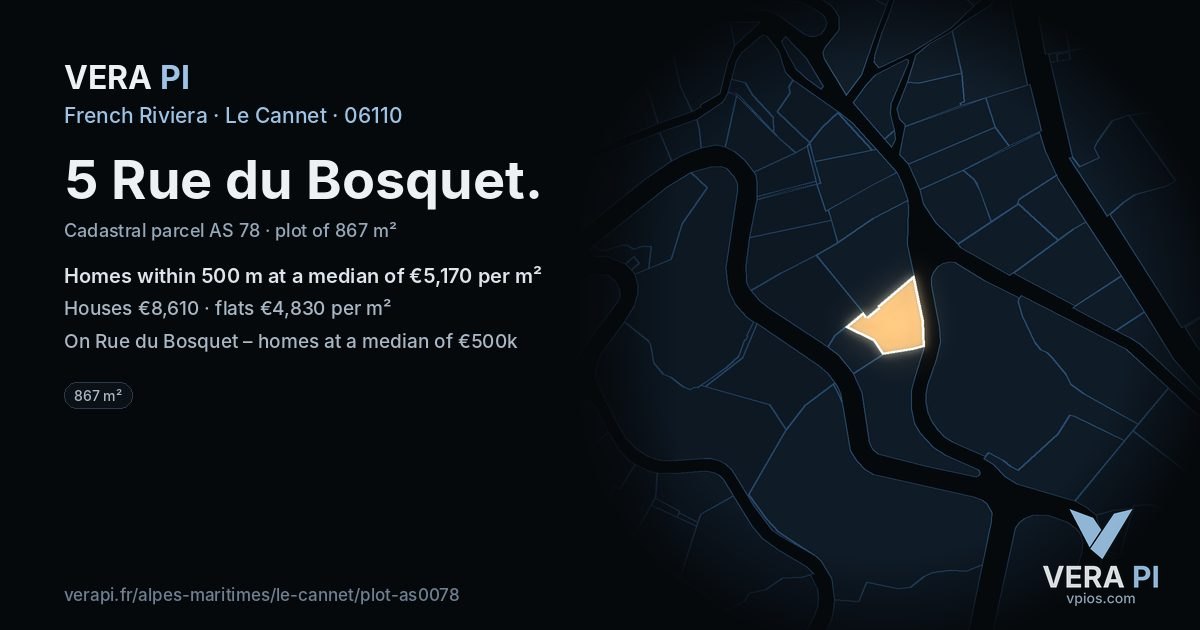 5 Rue du Bosquet, Le Cannet at night – the plot lit, the parcels around coloured by the prices near them