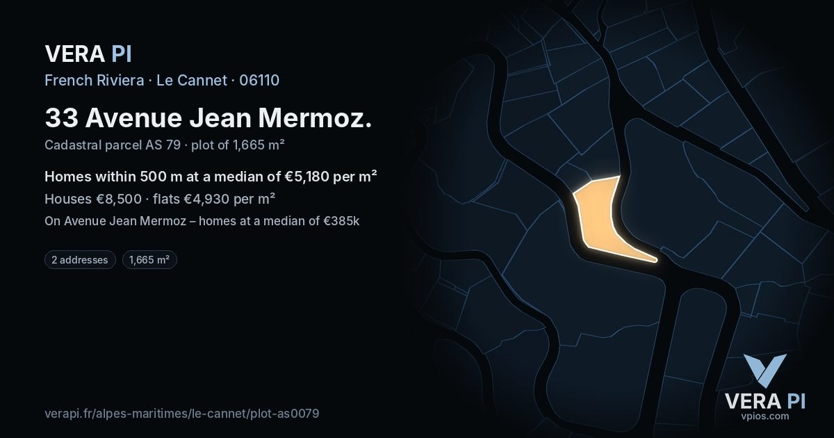 33 Avenue Jean Mermoz, Le Cannet at night – the plot lit, the parcels around coloured by the prices near them