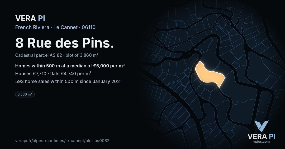 8 Rue des Pins, Le Cannet at night – the plot lit, the parcels around coloured by the prices near them