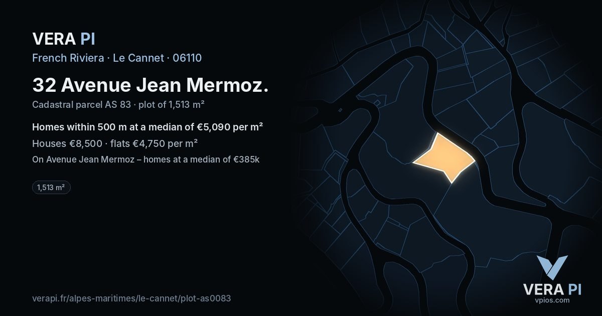 32 Avenue Jean Mermoz, Le Cannet at night – the plot lit, the parcels around coloured by the prices near them