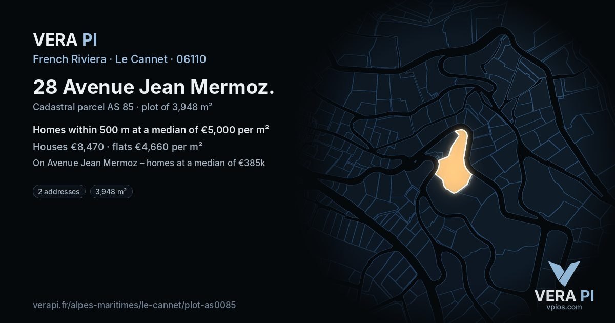 28 Avenue Jean Mermoz, Le Cannet at night – the plot lit, the parcels around coloured by the prices near them