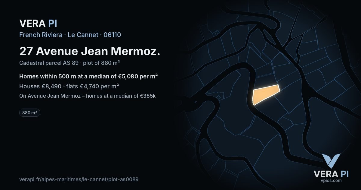 27 Avenue Jean Mermoz, Le Cannet at night – the plot lit, the parcels around coloured by the prices near them