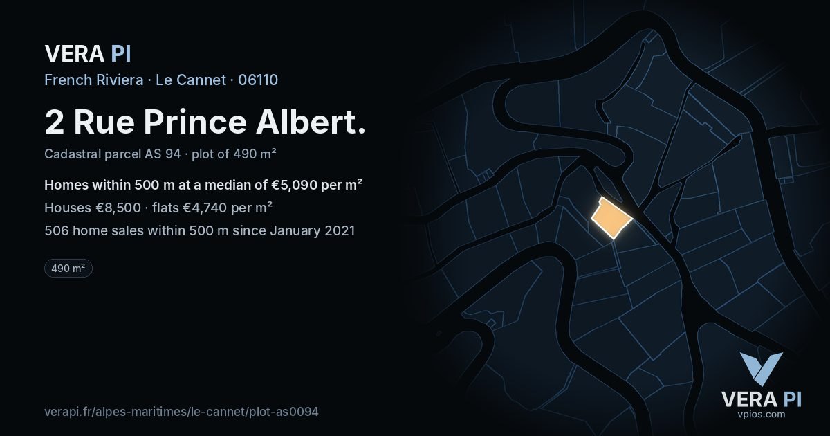 2 Rue Prince Albert, Le Cannet at night – the plot lit, the parcels around coloured by the prices near them