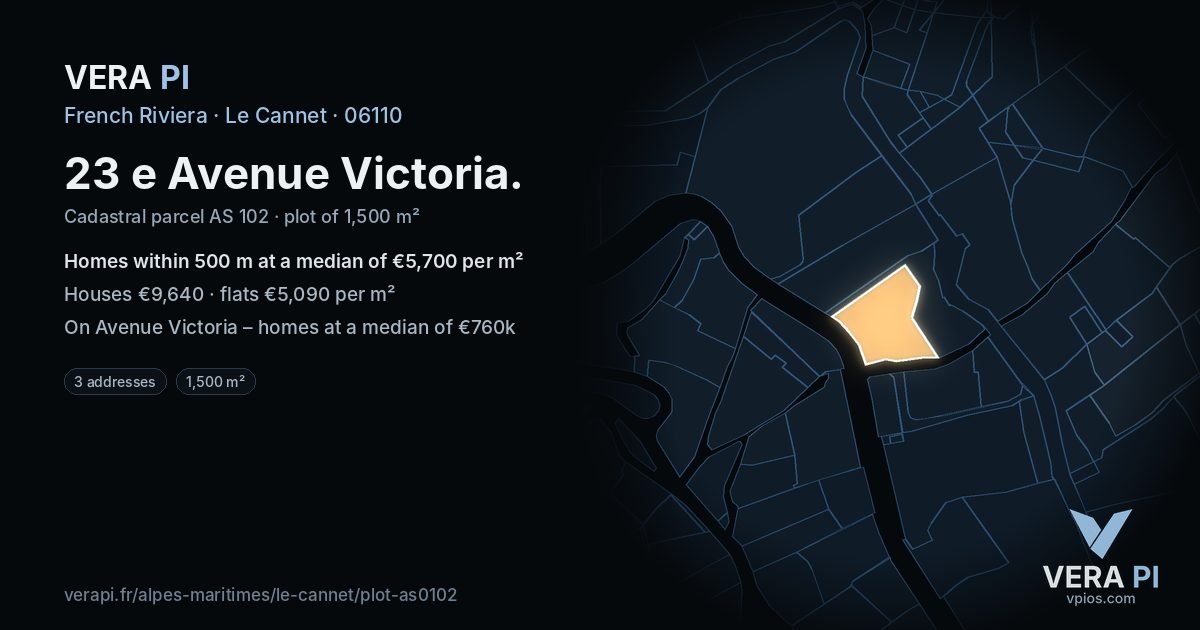 23 e Avenue Victoria, Le Cannet at night – the plot lit, the parcels around coloured by the prices near them