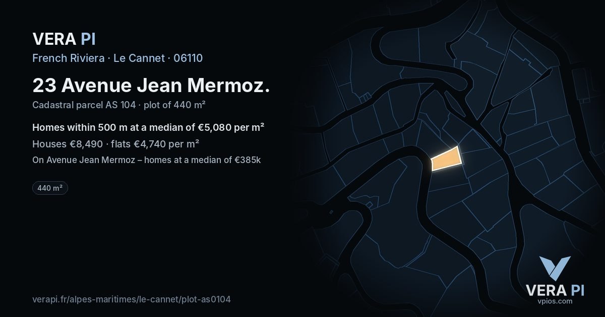 23 Avenue Jean Mermoz, Le Cannet at night – the plot lit, the parcels around coloured by the prices near them