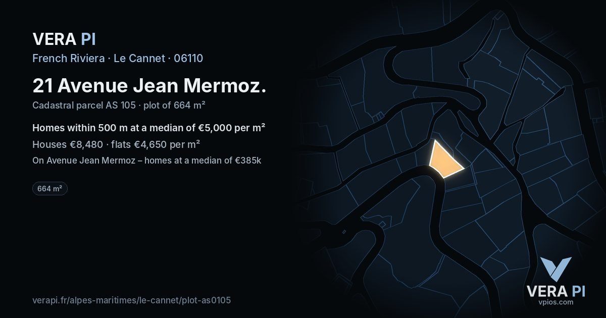 21 Avenue Jean Mermoz, Le Cannet at night – the plot lit, the parcels around coloured by the prices near them
