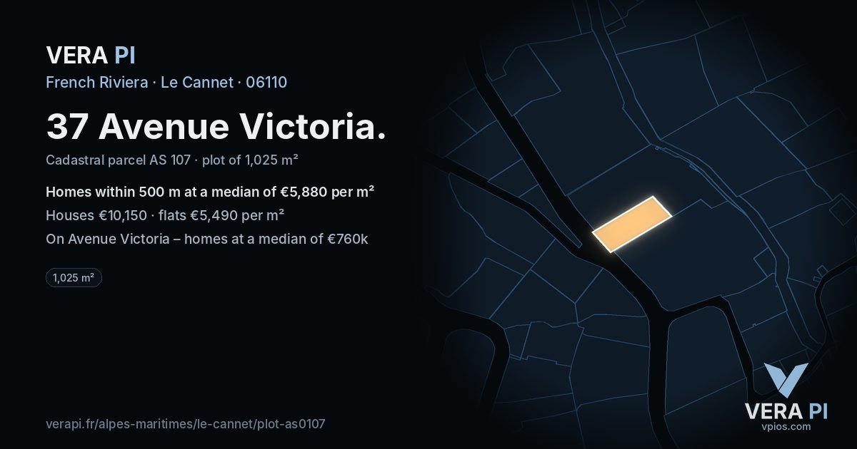 37 Avenue Victoria, Le Cannet at night – the plot lit, the parcels around coloured by the prices near them
