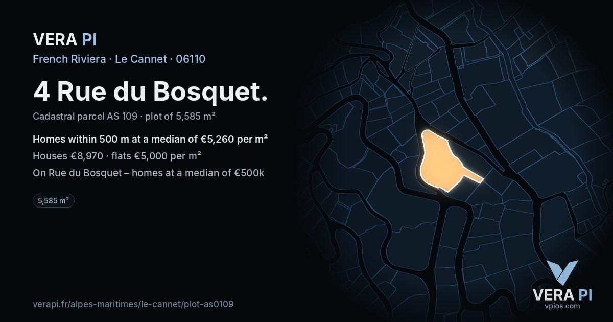 4 Rue du Bosquet, Le Cannet at night – the plot lit, the parcels around coloured by the prices near them