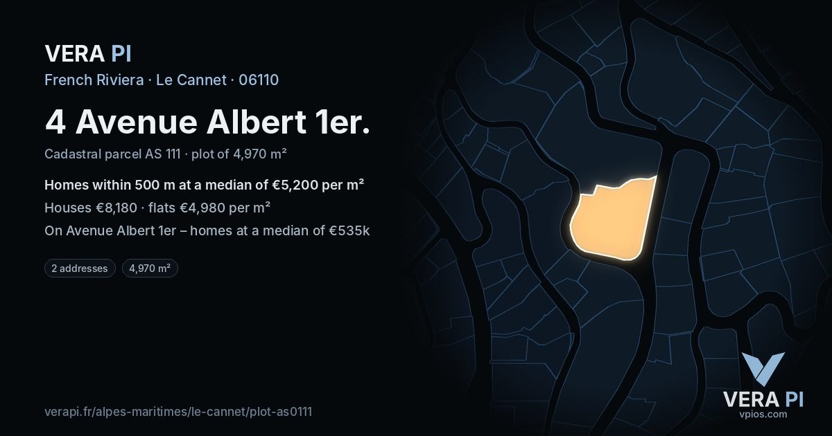 4 Avenue Albert 1er, Le Cannet at night – the plot lit, the parcels around coloured by the prices near them