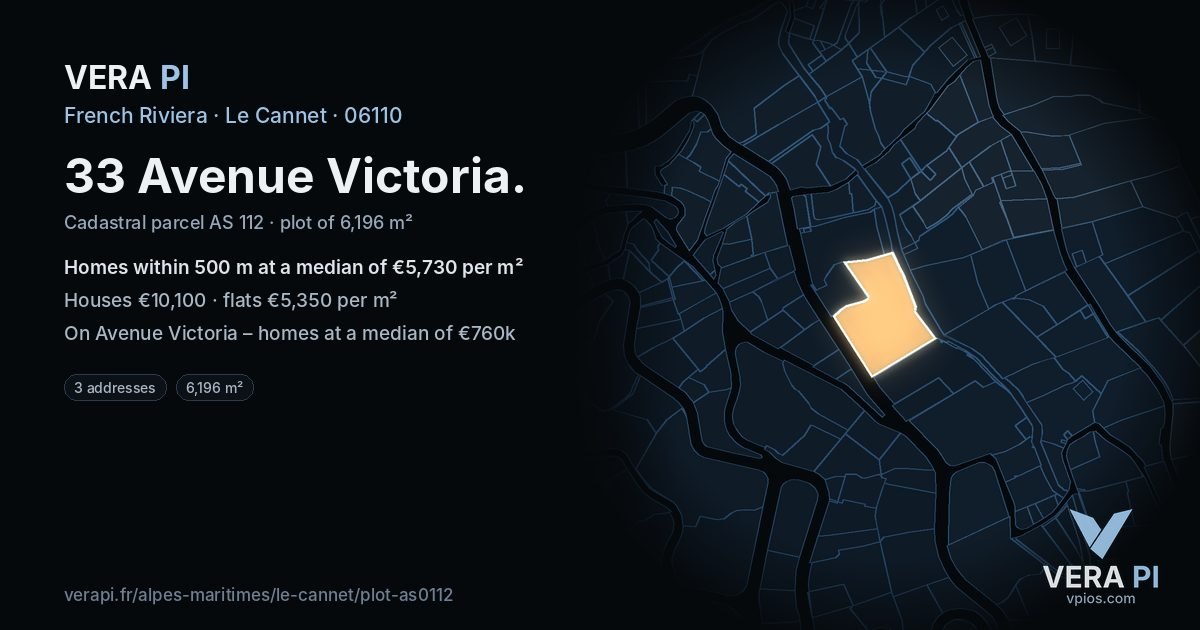 33 Avenue Victoria, Le Cannet at night – the plot lit, the parcels around coloured by the prices near them