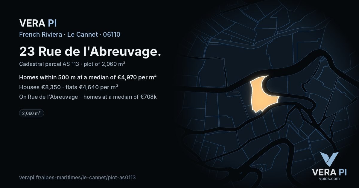 23 Rue de l'Abreuvage, Le Cannet at night – the plot lit, the parcels around coloured by the prices near them