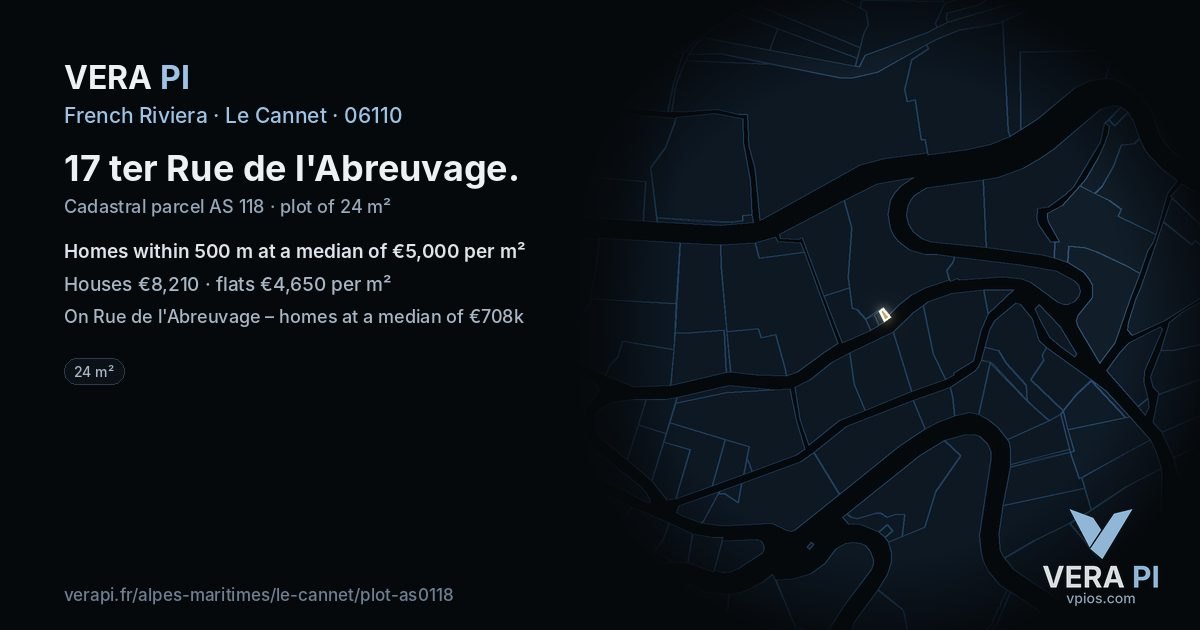17 ter Rue de l'Abreuvage, Le Cannet at night – the plot lit, the parcels around coloured by the prices near them