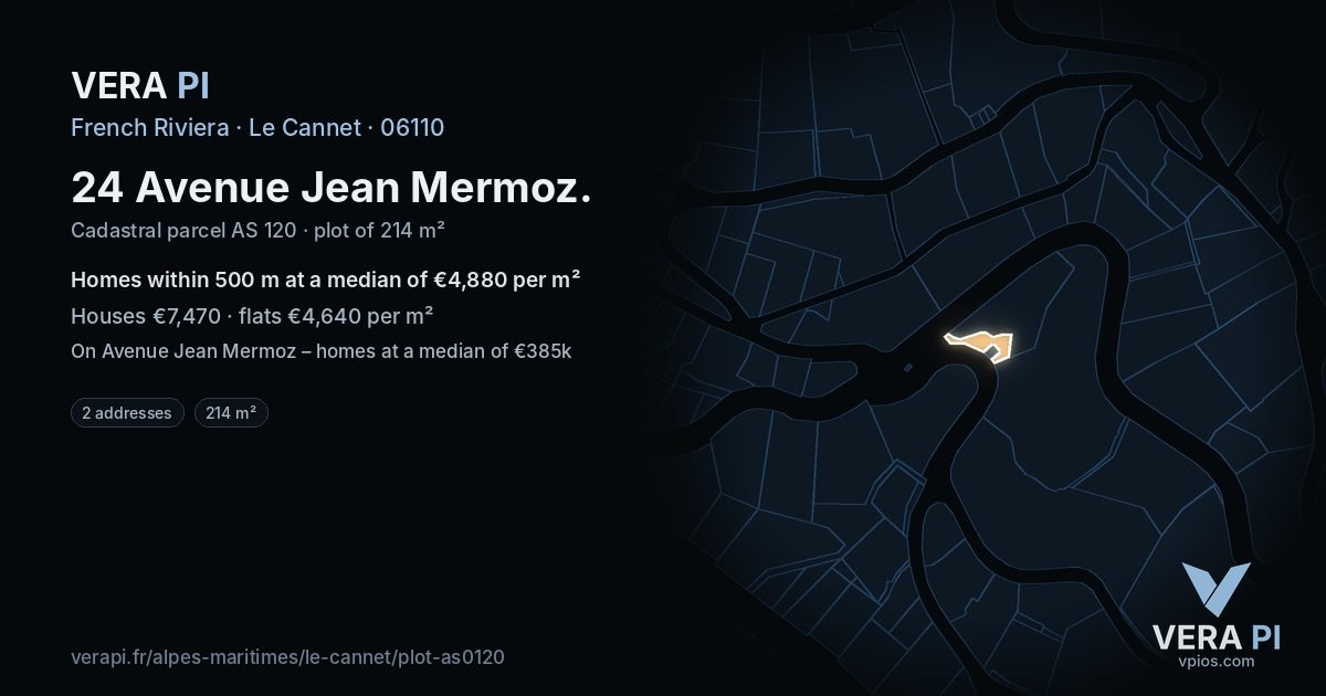 24 Avenue Jean Mermoz, Le Cannet at night – the plot lit, the parcels around coloured by the prices near them