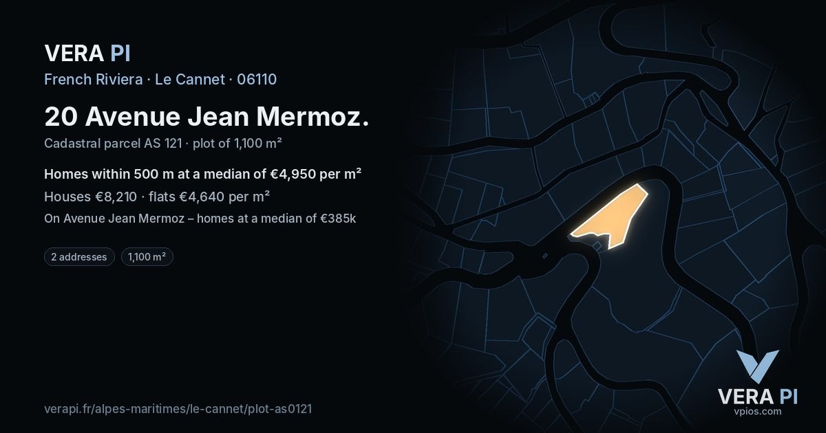 20 Avenue Jean Mermoz, Le Cannet at night – the plot lit, the parcels around coloured by the prices near them