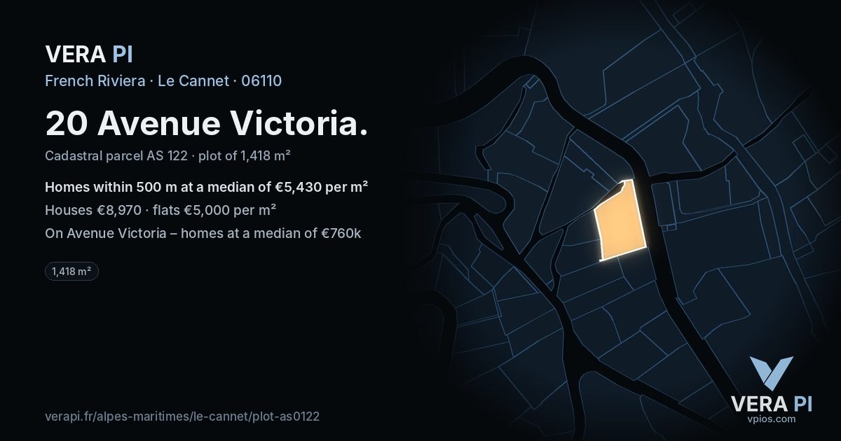20 Avenue Victoria, Le Cannet at night – the plot lit, the parcels around coloured by the prices near them