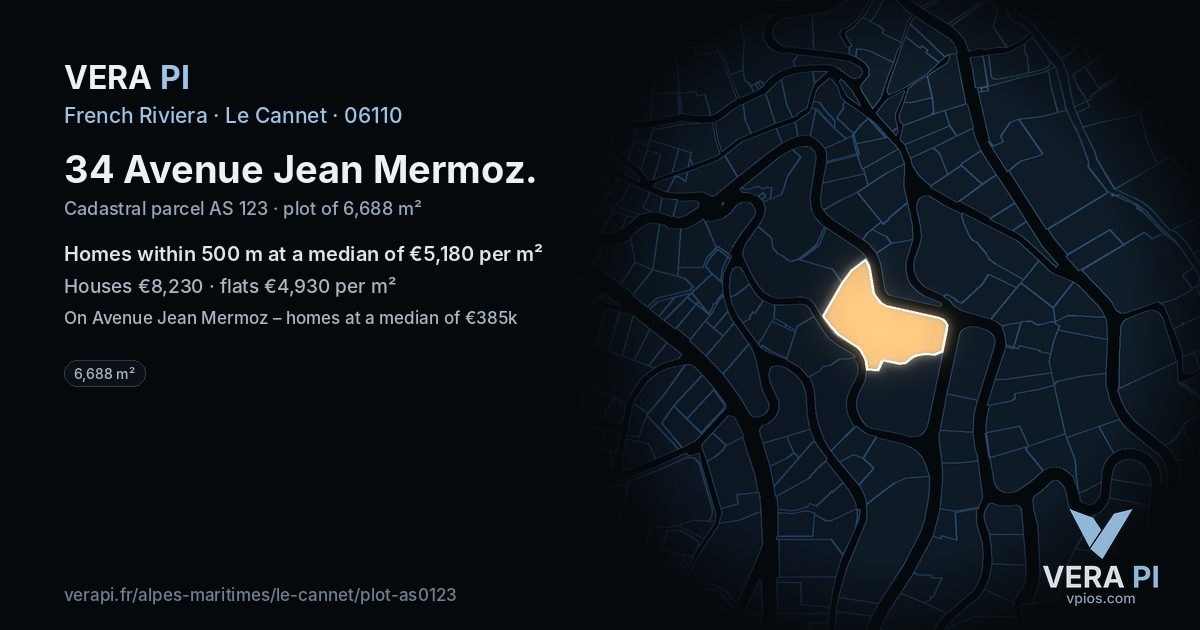34 Avenue Jean Mermoz, Le Cannet at night – the plot lit, the parcels around coloured by the prices near them