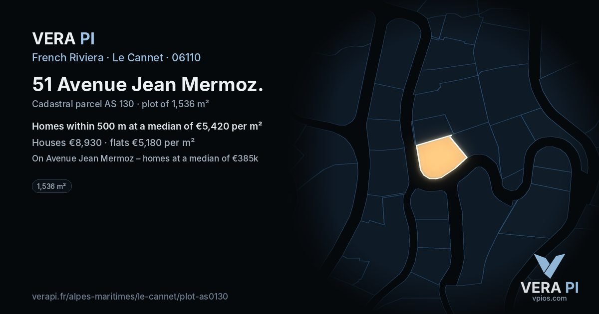 51 Avenue Jean Mermoz, Le Cannet at night – the plot lit, the parcels around coloured by the prices near them