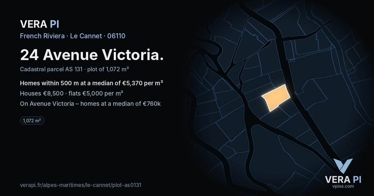 24 Avenue Victoria, Le Cannet at night – the plot lit, the parcels around coloured by the prices near them