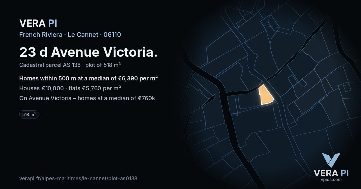 23 d Avenue Victoria, Le Cannet at night – the plot lit, the parcels around coloured by the prices near them