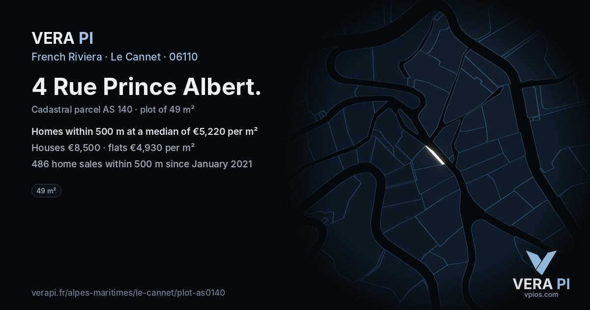 4 Rue Prince Albert, Le Cannet at night – the plot lit, the parcels around coloured by the prices near them