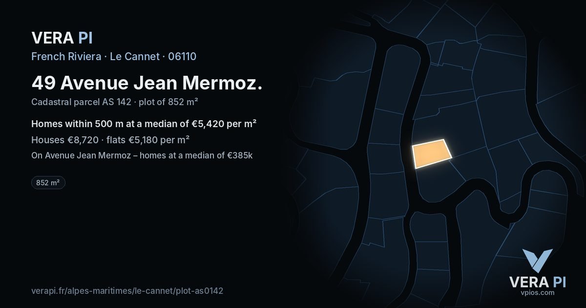 49 Avenue Jean Mermoz, Le Cannet at night – the plot lit, the parcels around coloured by the prices near them