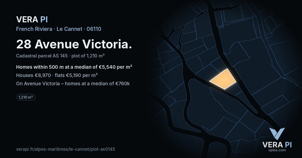 28 Avenue Victoria, Le Cannet at night – the plot lit, the parcels around coloured by the prices near them