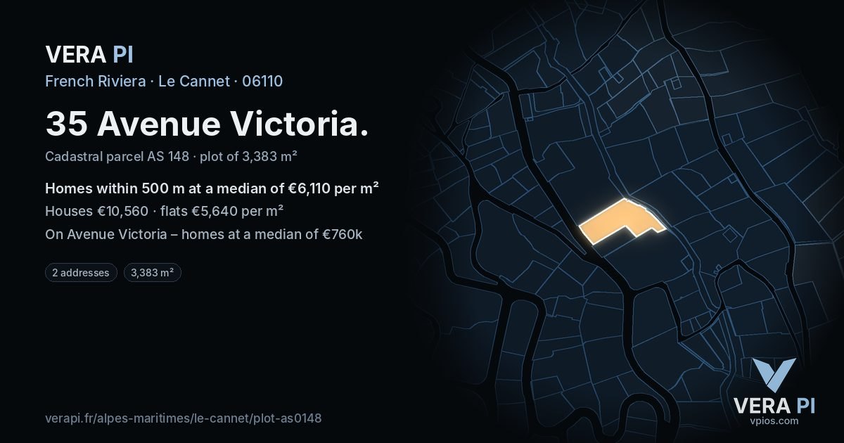 35 Avenue Victoria, Le Cannet at night – the plot lit, the parcels around coloured by the prices near them