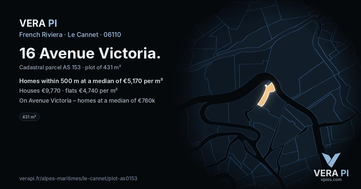 16 Avenue Victoria, Le Cannet at night – the plot lit, the parcels around coloured by the prices near them
