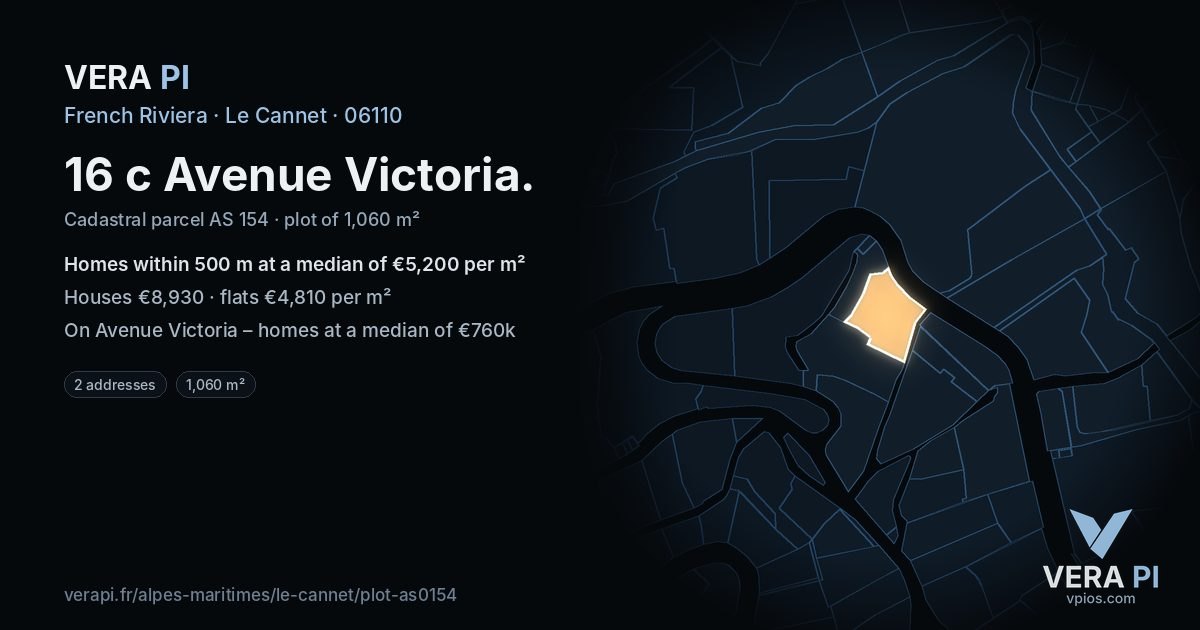 16 c Avenue Victoria, Le Cannet at night – the plot lit, the parcels around coloured by the prices near them
