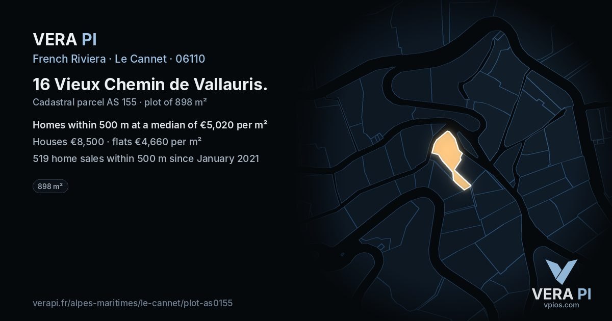 16 Vieux Chemin de Vallauris, Le Cannet at night – the plot lit, the parcels around coloured by the prices near them