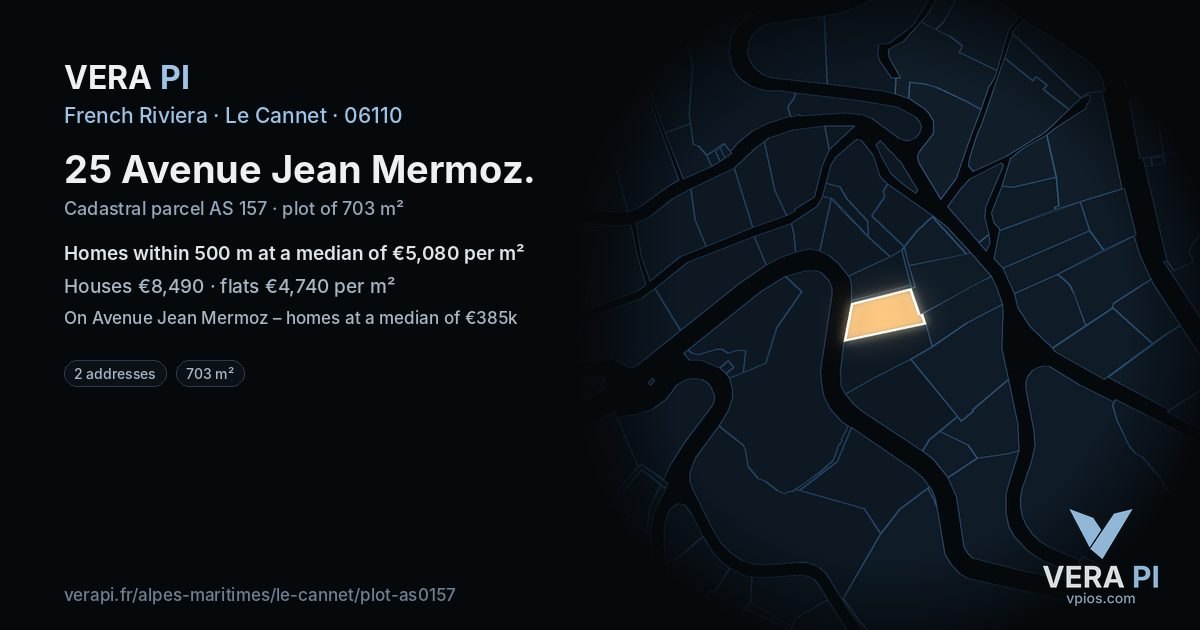 25 Avenue Jean Mermoz, Le Cannet at night – the plot lit, the parcels around coloured by the prices near them