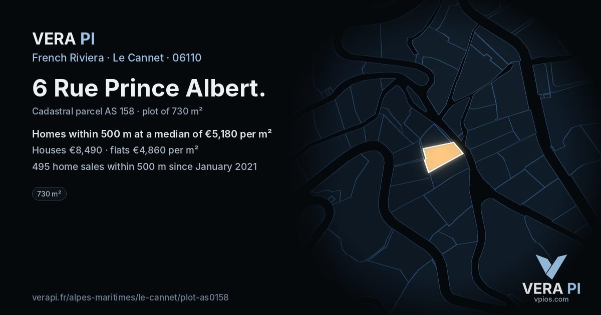 6 Rue Prince Albert, Le Cannet at night – the plot lit, the parcels around coloured by the prices near them