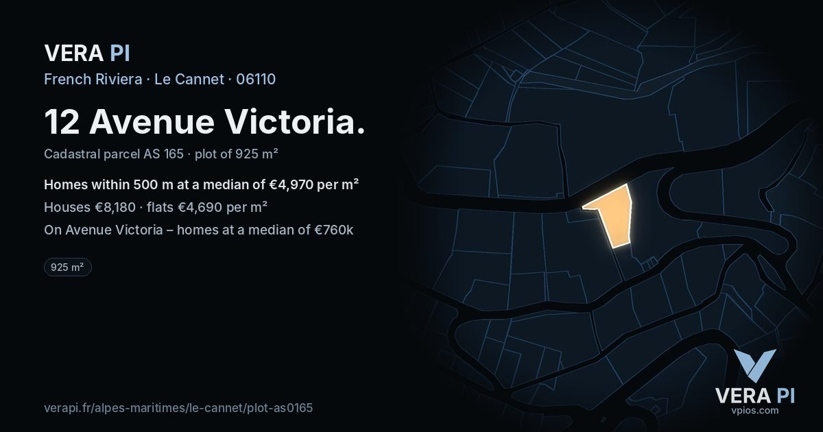 12 Avenue Victoria, Le Cannet at night – the plot lit, the parcels around coloured by the prices near them