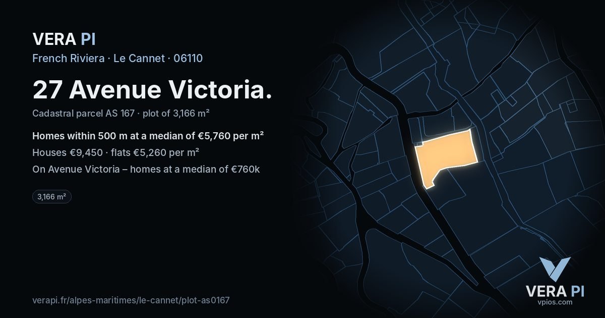 27 Avenue Victoria, Le Cannet at night – the plot lit, the parcels around coloured by the prices near them