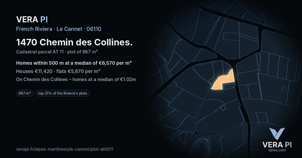 1470 Chemin des Collines, Le Cannet at night – the plot lit, the parcels around coloured by the prices near them