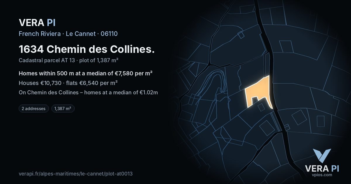 1634 Chemin des Collines, Le Cannet at night – the plot lit, the parcels around coloured by the prices near them