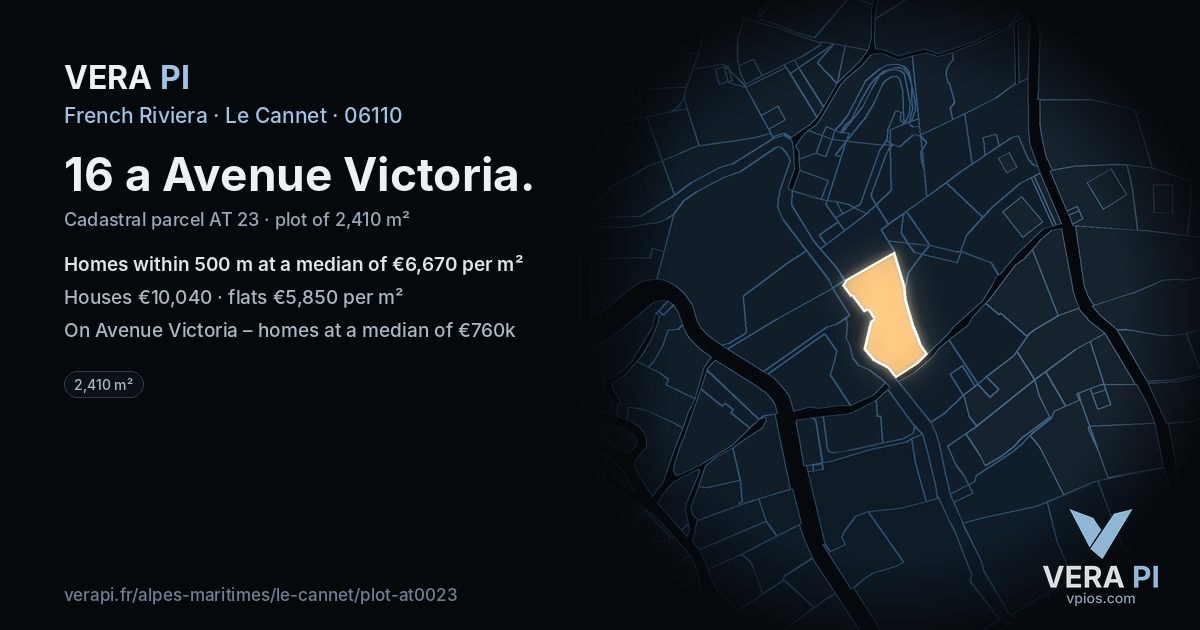 16 a Avenue Victoria, Le Cannet at night – the plot lit, the parcels around coloured by the prices near them