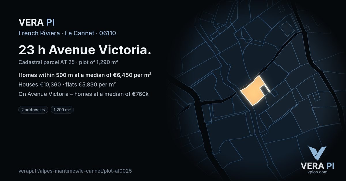 23 h Avenue Victoria, Le Cannet at night – the plot lit, the parcels around coloured by the prices near them