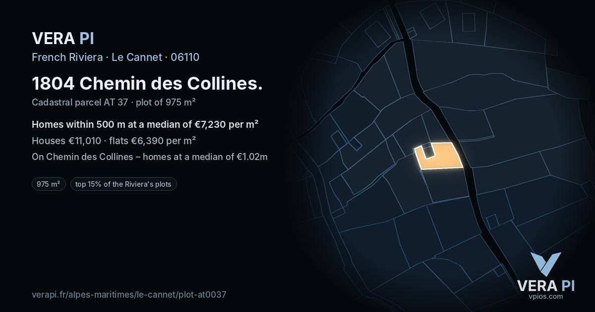 1804 Chemin des Collines, Le Cannet at night – the plot lit, the parcels around coloured by the prices near them