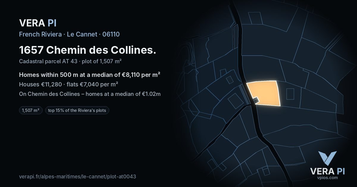 1657 Chemin des Collines, Le Cannet at night – the plot lit, the parcels around coloured by the prices near them
