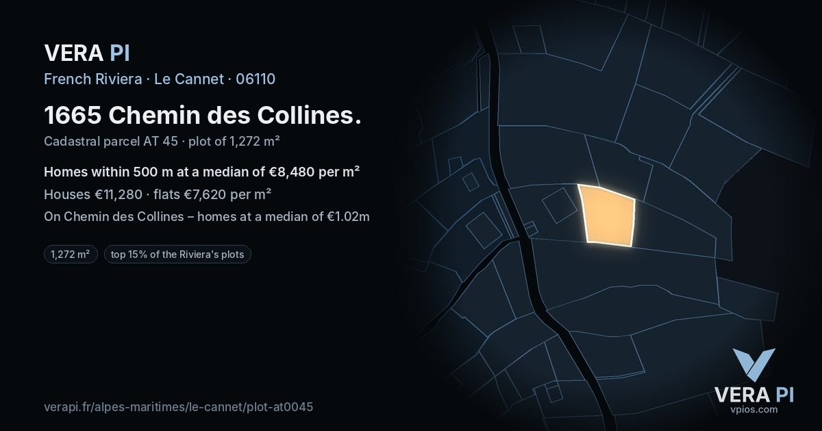 1665 Chemin des Collines, Le Cannet at night – the plot lit, the parcels around coloured by the prices near them