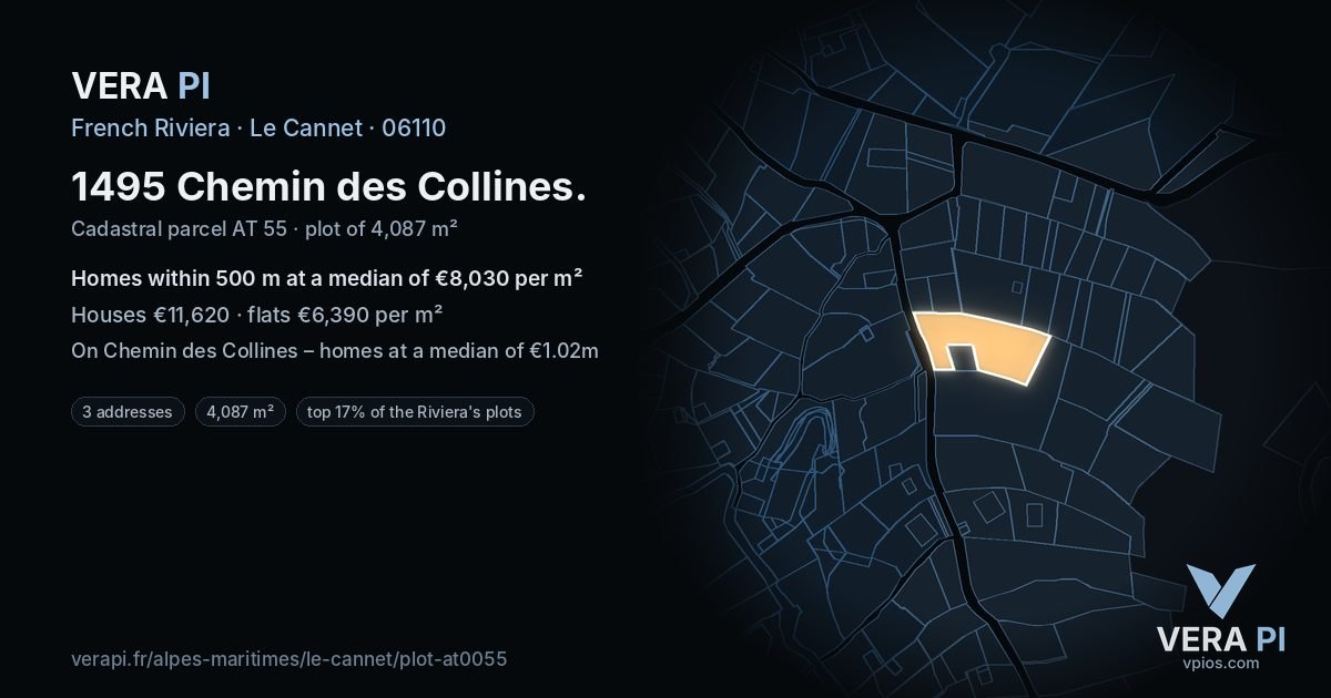 1495 Chemin des Collines, Le Cannet at night – the plot lit, the parcels around coloured by the prices near them