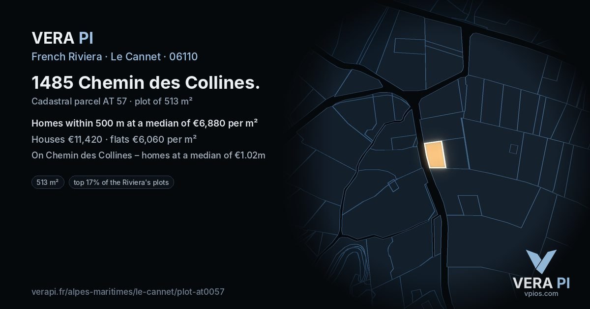 1485 Chemin des Collines, Le Cannet at night – the plot lit, the parcels around coloured by the prices near them