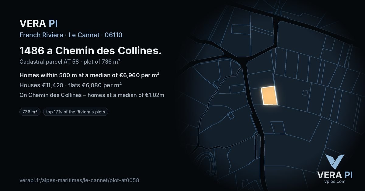 1486 a Chemin des Collines, Le Cannet at night – the plot lit, the parcels around coloured by the prices near them