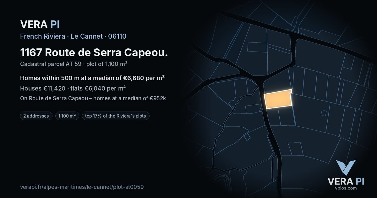 1167 Route de Serra Capeou, Le Cannet at night – the plot lit, the parcels around coloured by the prices near them
