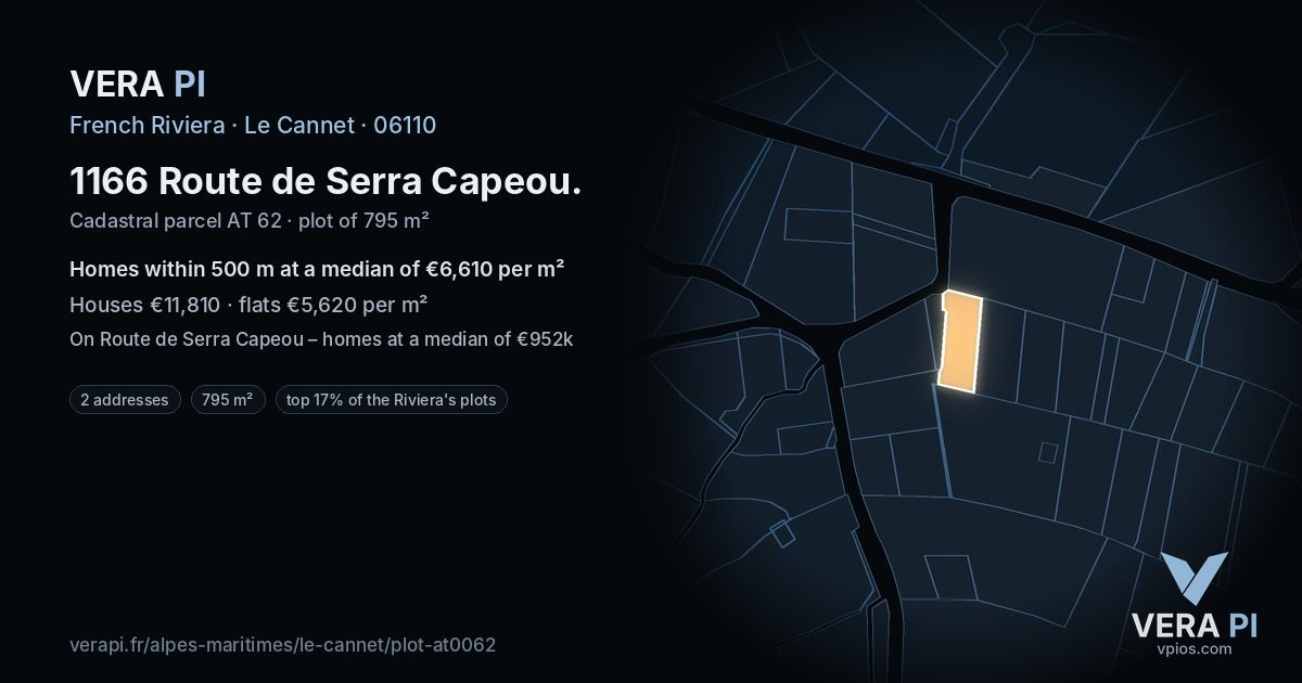 1166 Route de Serra Capeou, Le Cannet at night – the plot lit, the parcels around coloured by the prices near them