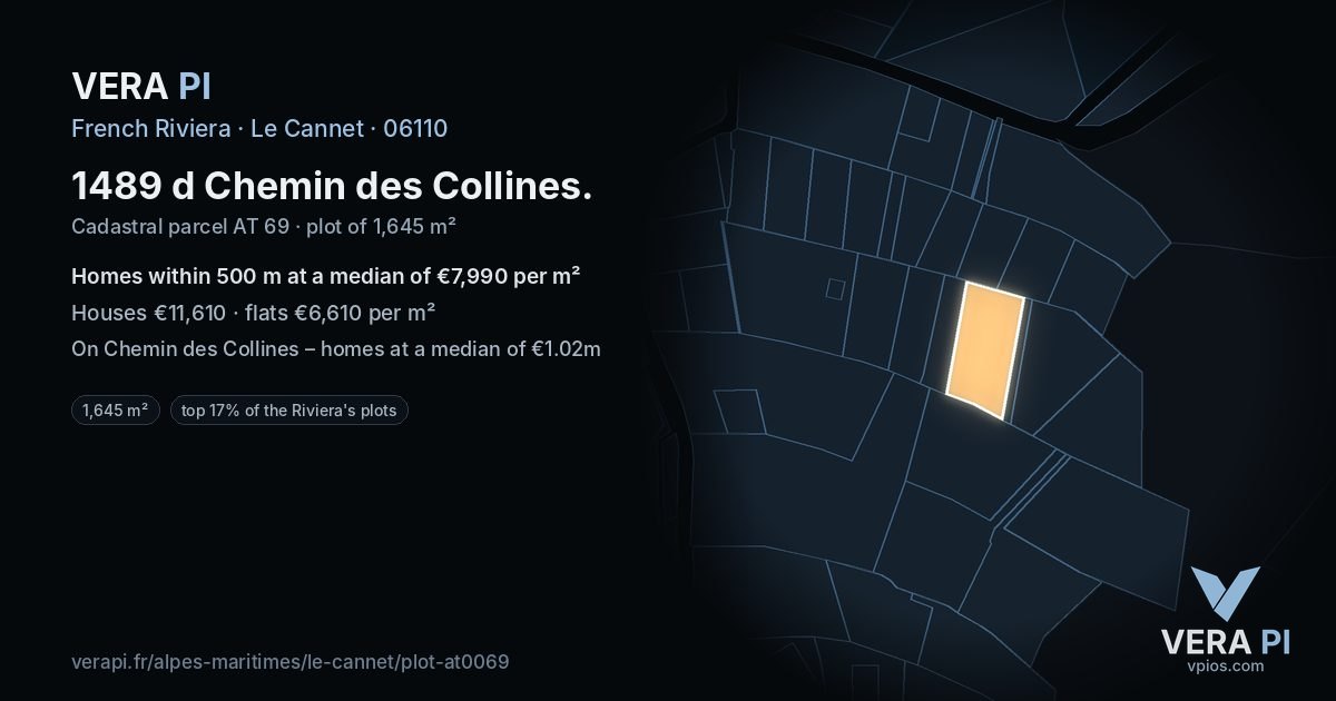 1489 d Chemin des Collines, Le Cannet at night – the plot lit, the parcels around coloured by the prices near them
