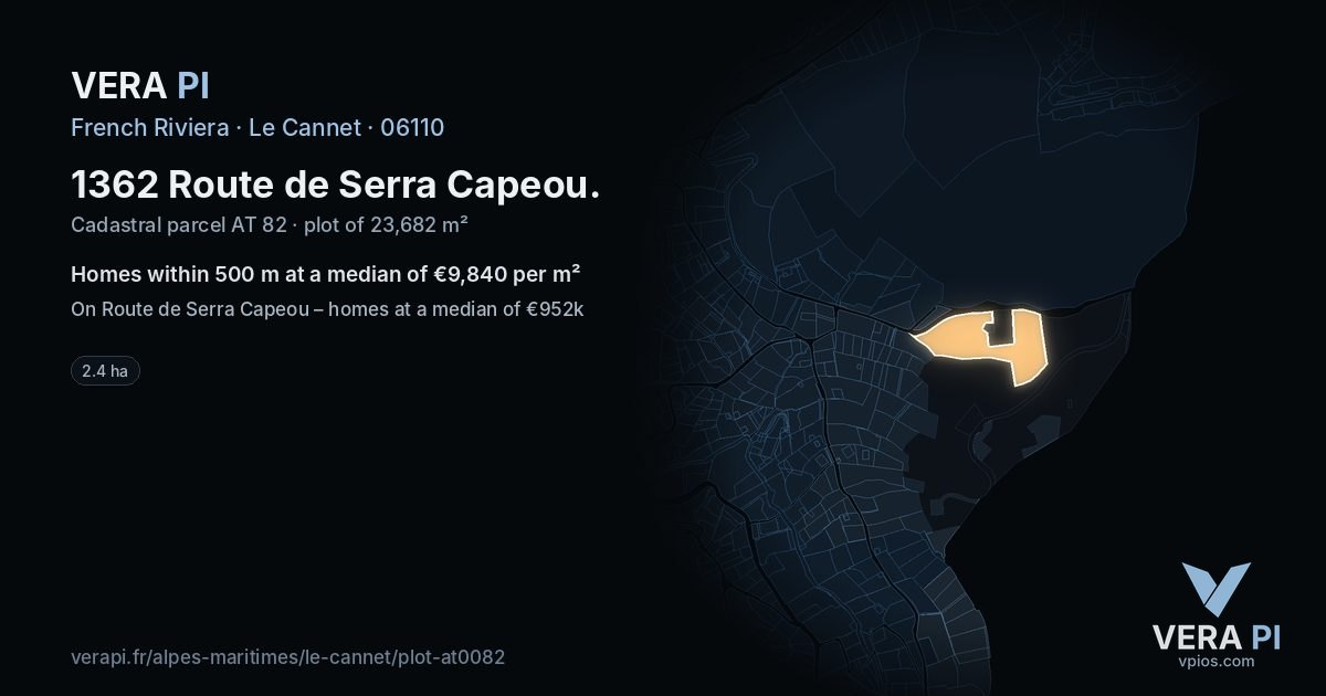 1362 Route de Serra Capeou, Le Cannet at night – the plot lit, the parcels around coloured by the prices near them